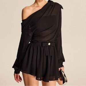 Semi-Sheer Chiffon One-Shoulder Bow Detail Skirt Set
